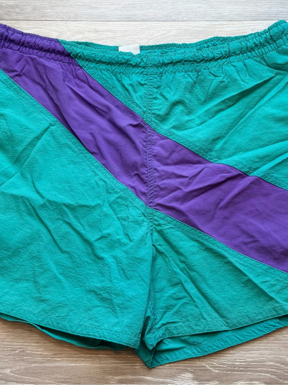 Teal and Purple Athletic Shorts with Diagonal Colorblock Size Medium